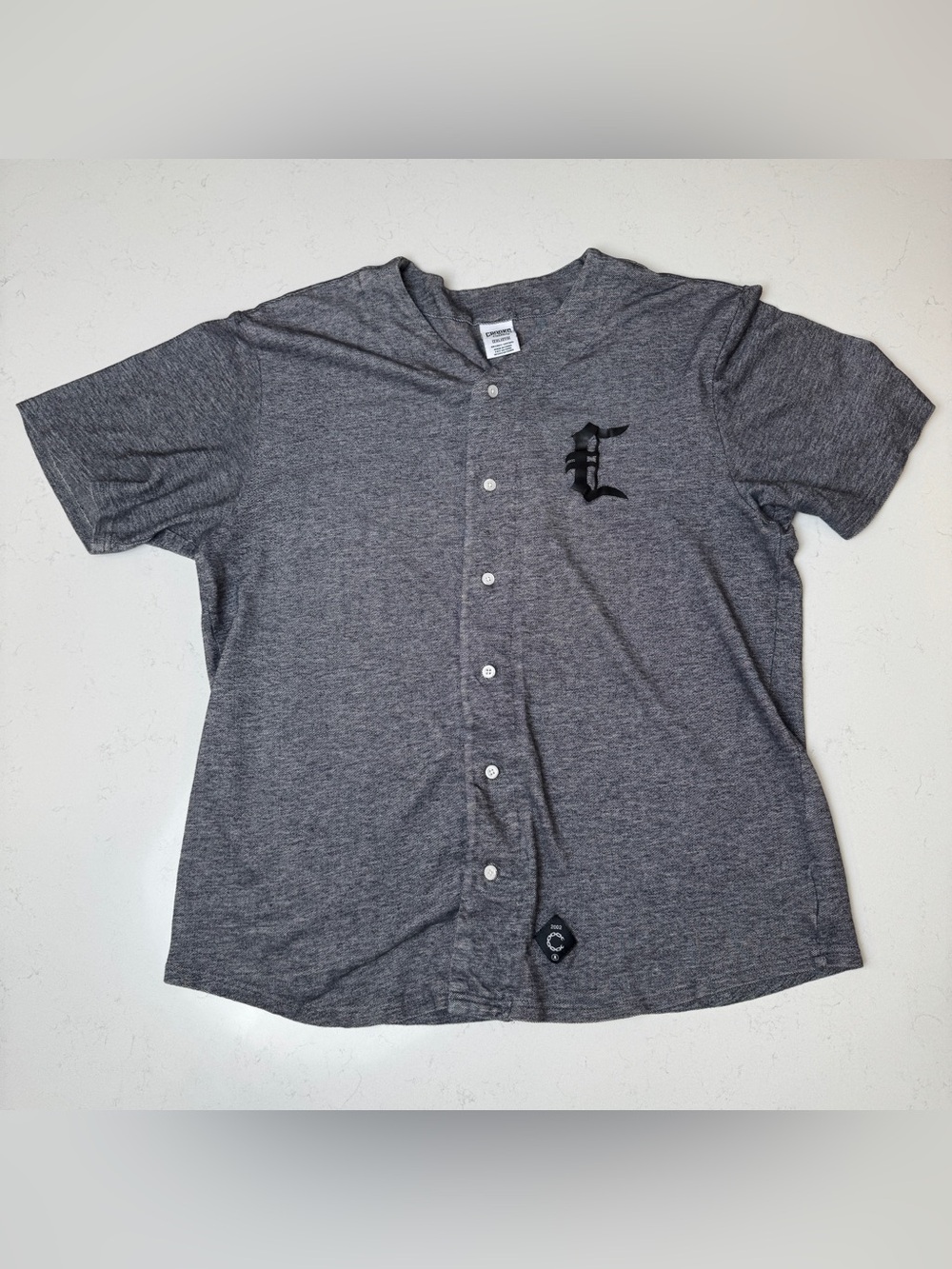 Crooks and Castles Gray Button-Up Baseball Jersey with Black Script Logo